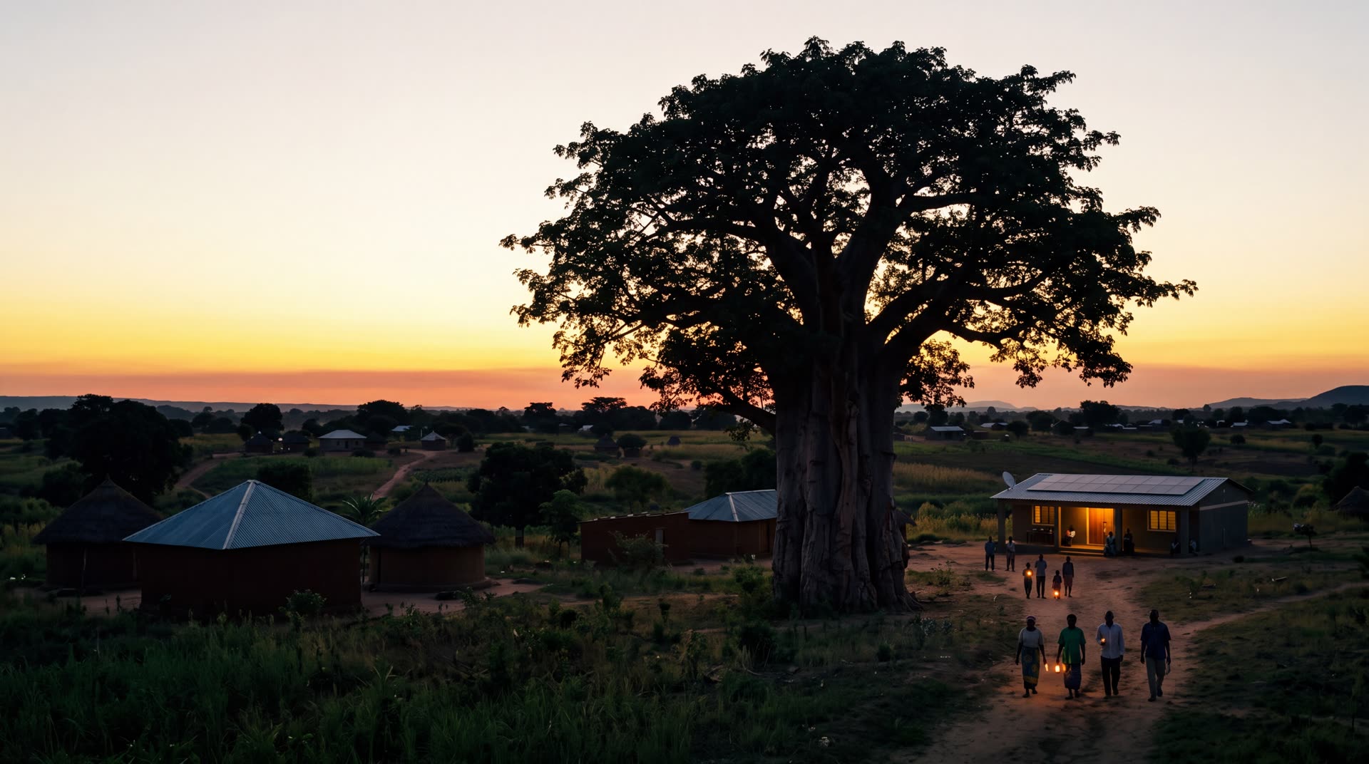 A baobab tree and community workspace at sunset