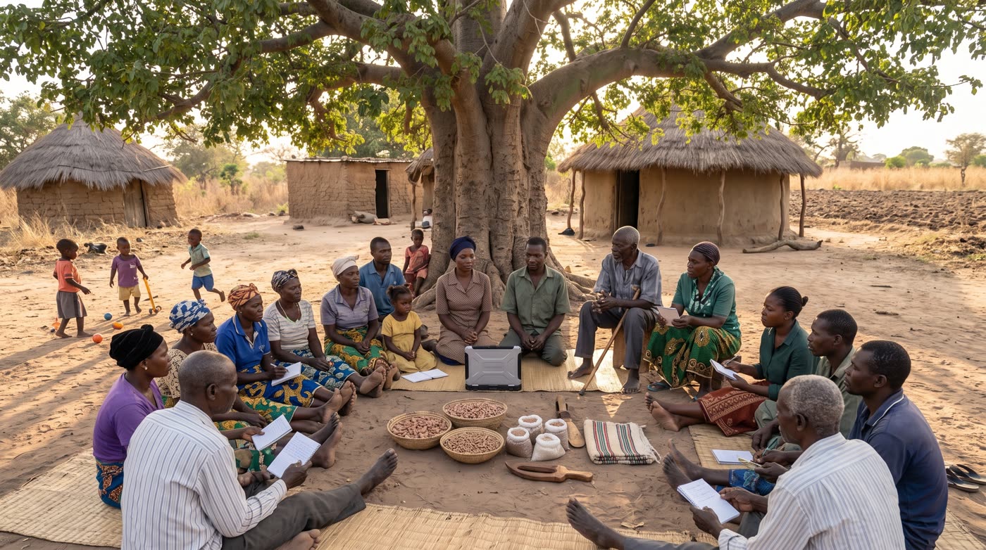 A fictional community meeting under a baobab tree