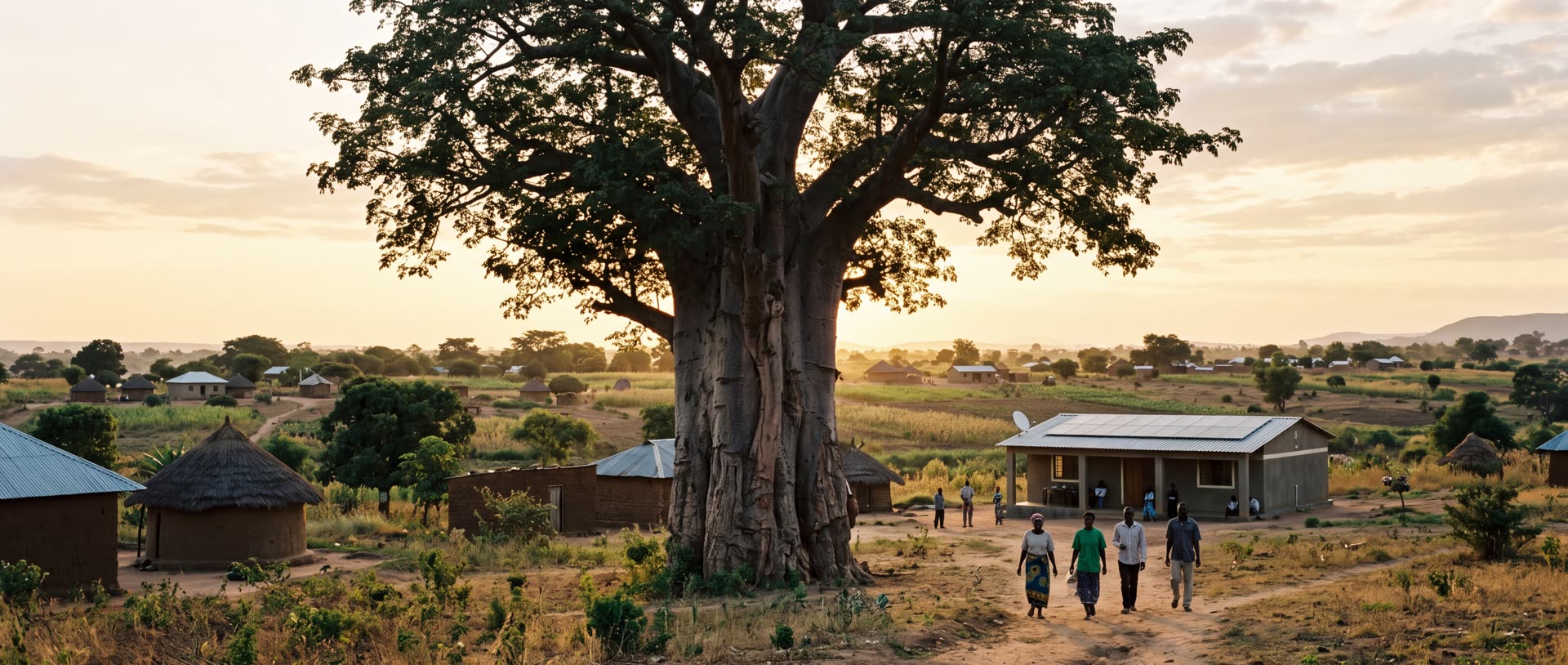 A baobab tree beside a small solar-powered community workspace at dawn